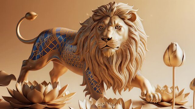 Golden Lion Animation Walking Through Lotus Flowers