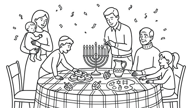 Family gathering celebrating Hanukkah with menorah candles and traditional food at table.