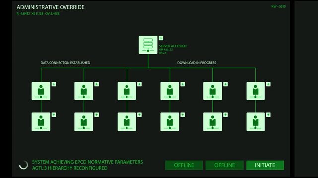 Green digital interface showing server access and data connection status with a complex hierarchical structure for modern computing system monitoring