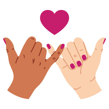Pinky promise gesture with two diverse hands and pink heart symbol friendship vector art.
