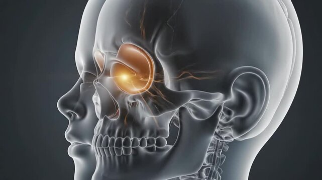 Cinematic 4K CGI Illustration of Pediatric Sinus Pressure Headache with Neural Activity Displayed in the Eye Region Against a Dark Background