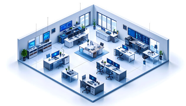 Isometric view of a modern office space with multiple workstations, computers, and large screens displaying data, ideal for technology and business concepts.