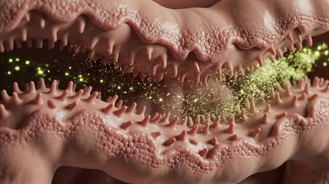 Cinematic Close-Up Of Human Intestines Illustrating Celiac Disease Effects With Vibrantly Glowing Particles And Textural Details In 4K CGI Animation