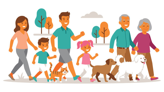 Family walking dogs in park, enjoying outdoor recreation and nature stroll.