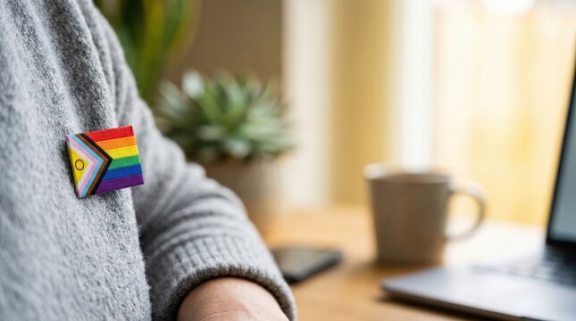 Person Wearing Intersex Inclusive Progress Pride Pin on Grey Sweater in Home Office Setting