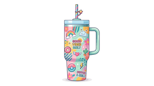 Vibrant and cheerful insulated tumbler cup illustration, featuring an assortment of cute and trendy doodle art, perfect for modern hydration and positive vibes