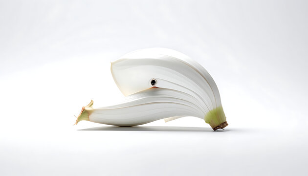 Isolated white onion slice forming a protective shield shape on a clean background, with delicate green sprouts and a ladybug, symbolizing growth and protection.