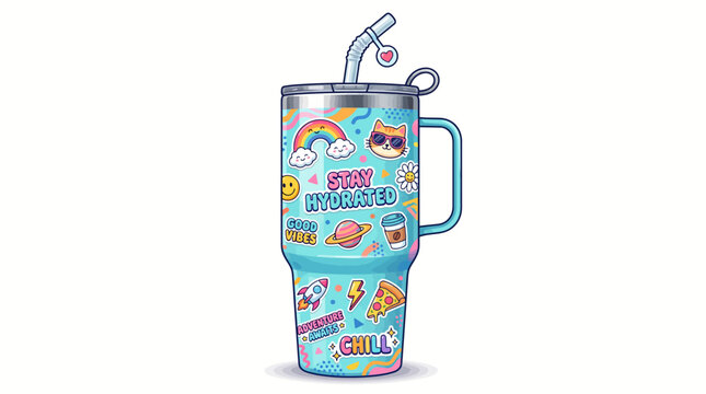 Vibrant blue insulated travel tumbler, adorned with a fun collection of colorful and trendy pop culture-inspired cartoon stickers, ideal for stylish hydration