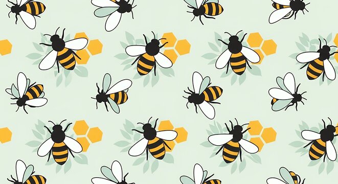 Bee pattern with honeycombs on green background