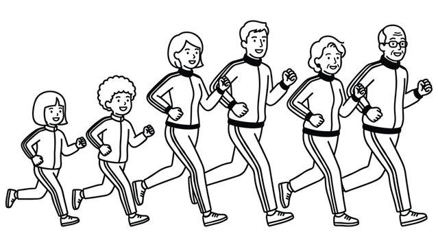 Group of people running for fitness showing different ages in tracksuits for healthy living.