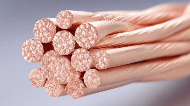 Close up of copper wires in various arrangements and textures for industrial use