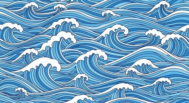 Crashing Ocean Waves in Stylized Blue and White