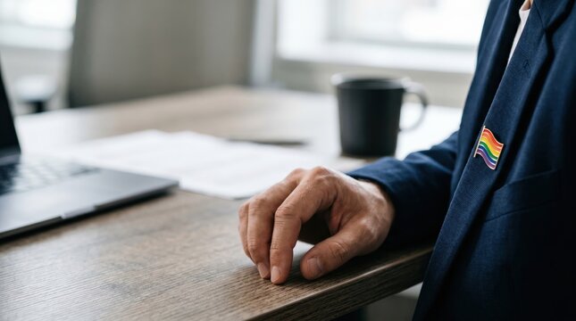 Professional person wearing rainbow flag pin on blazer at office desk with laptop and coffee mug