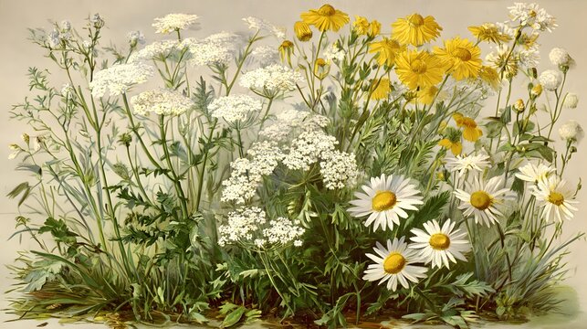Old chromolithograph illustration of Botany, scentless false mayweed, scentless mayweed, scentless chamomile, wild chamomile, mayweed, false chamomile, and Baldr's brow 