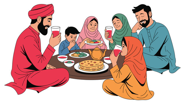 Family enjoys traditional meal together in colorful clothing seated on floor.