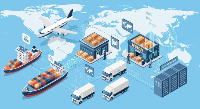 Isometric Global Logistics and International Supply Chain Management Concept with Various Transport Modes.