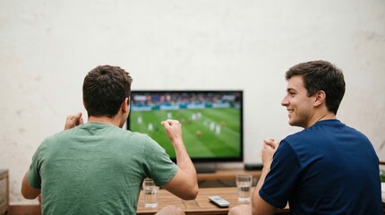 Two Young Caucasian Men Cheering While Watching A Soccer Match On Television At Home