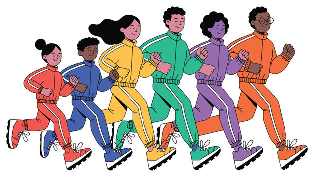 Diverse group of people jogging in colourful tracksuits for fitness and health.