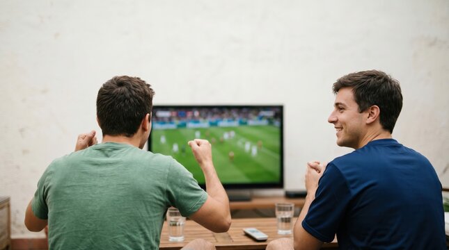 Two Young Caucasian Men Cheering While Watching A Soccer Match On Television At Home