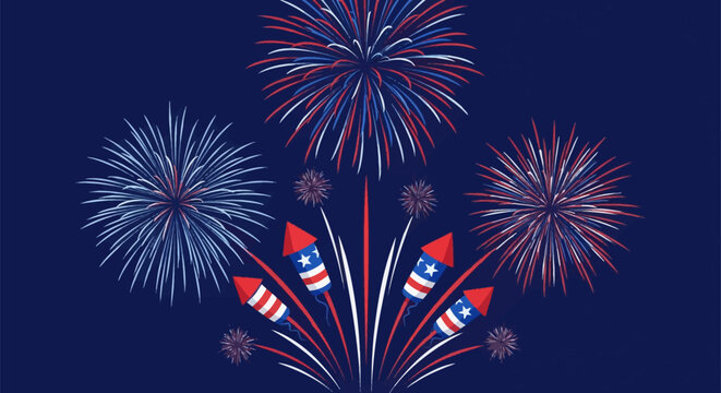 Patriotic vector illustration featuring red white and blue fireworks bursts and firework rockets with stars and stripes patterns against a dark blue solid background.