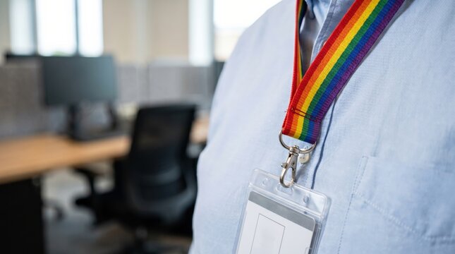 Professional employee wearing rainbow pride lanyard with ID badge in modern corporate office workplace