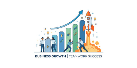 Obraz premium Businessman standing before a launching rocket with business growth icons.