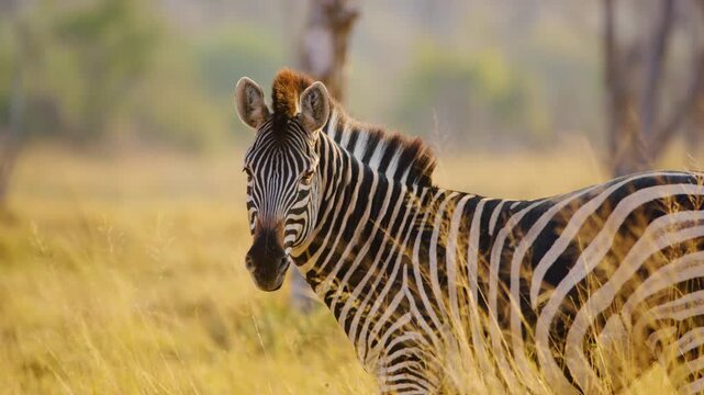 A Grevy Zebra is grazing in the countryside of Samburu in Kenya.