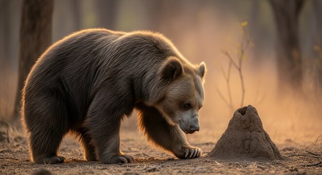 Brown bear investigating termite mound in forest