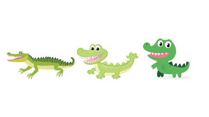 Fototapeta premium Green crocodile with pink teeth in simple geometric cartoon style, playful reptile character illustration featuring cute expression, minimal shapes, bright colors and childish creativity