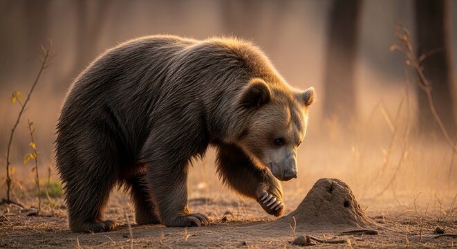 Brown bear examining termite mound in golden light
