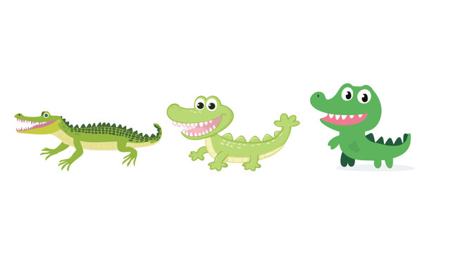 Green crocodile with pink teeth in simple geometric cartoon style, playful reptile character illustration featuring cute expression, minimal shapes, bright colors and childish creativity