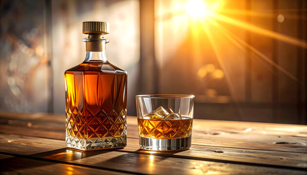 Premium whiskey bottle and crystal glass on wooden bar table for father day luxury gift