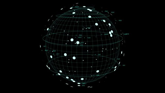 Digital globe visualization featuring a complex network of nodes and data points connected by thin lines on black background
