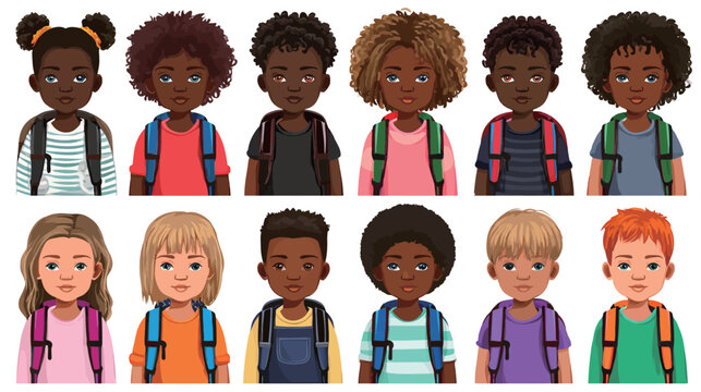 Vector set for school profile pictures featuring diverse student avatars, flat design education character collection with modern academic identity icons for apps and social platforms