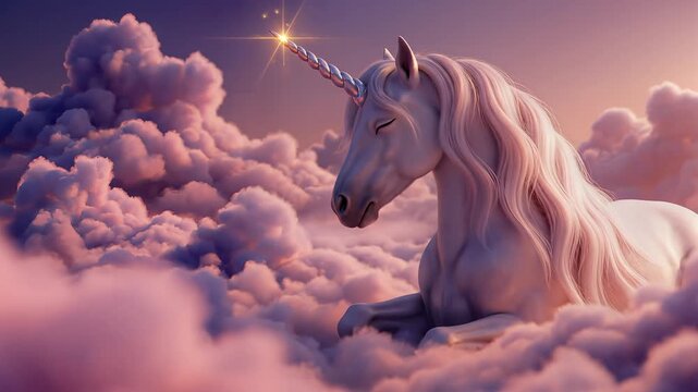 Majestic Unicorn Resting in Dreamy Pink Clouds with Sparkling Horn Animation