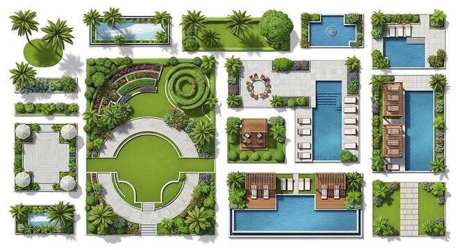 Top view landscape design elements with swimming pools and garden plants for house plans