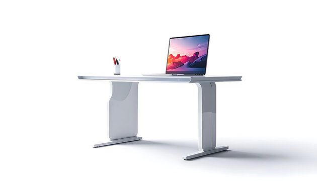 Modern white adjustable standing desk with a laptop displaying a pixel art landscape on a clean white background, office furniture setup