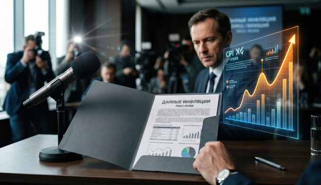 Businessman in suit holding open CPI report document with detailed inflation data charts and statistics while standing in front of large digital display screen