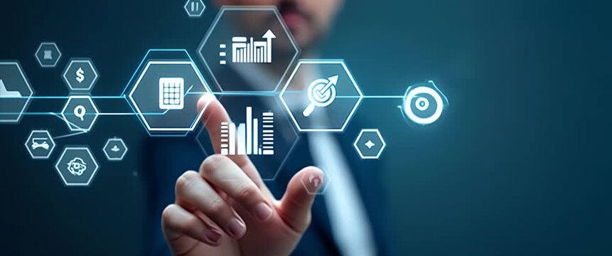 Hand interacting with holographic cost reduction device showing quality speed efficiency optimization icons for business performance in empty space concept as Hand interacts with holographic cost redu