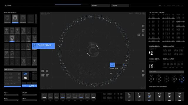 Advanced digital dashboard interface displaying complex server network data analysis with system monitoring metrics and critical drive error alert notifications