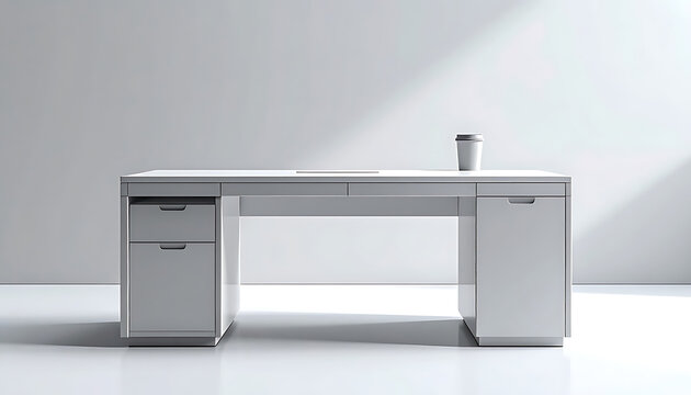 Modern white office desk with drawers and a coffee cup, clean professional workspace, natural light stream, home office furniture setup
