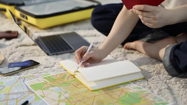 Woman with passport, laptop and map planning trip on floor at home, closeup