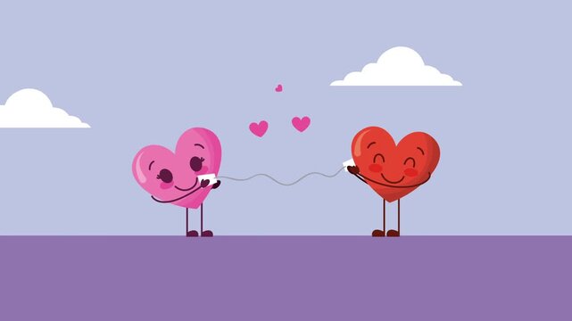 Animated cute hearts talking on string phones and sending love messages with hearts floating.
