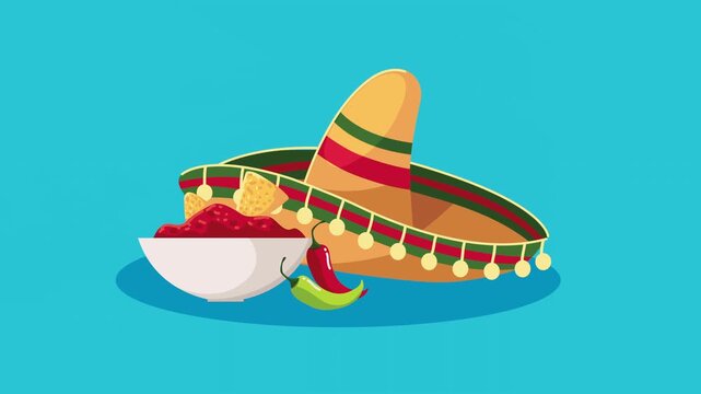 Mexican traditional hat with salsa sauce bowl and chili peppers animation on blue background.