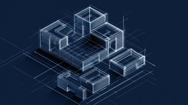 Blueprint of a modular building system showcasing assembly logic and structural connections with grid lines on a dark navy background.