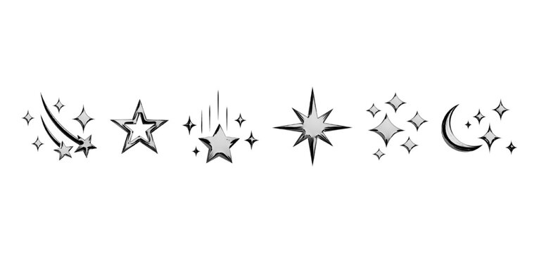 Set of Chrome Metallic Star Icons with Silver Sparkles and Motion Trails &ndash; Y2K Aesthetic Vector Graphics Featuring Swoosh Lines and Sharp Bursts for Retro Digital Art