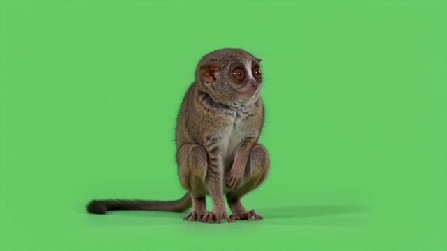 A small, brown bushbaby with large eyes sits on a green screen, looking around curiously.