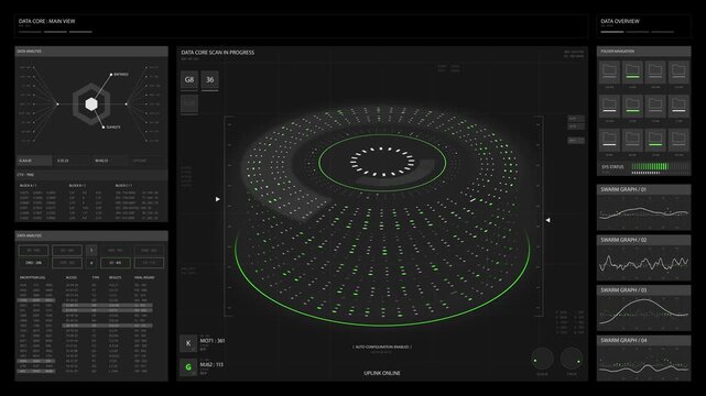 Advanced digital data core interface displaying complex information analysis and system status updates for modern high tech computing network systems