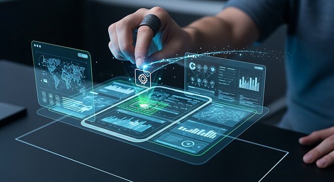 User interface (UI) design concept. A designer's hand drags and drops a simple icon onto a holographic app layout