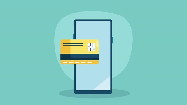 Smartphone with credit card animation loop for secure online payment and mobile banking concepts.